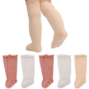 aaronano non-slip knee high socks baby girls grips socks frilly ruffle 5 pairs (2 white + 2 pink + 1 nude,1-3t)