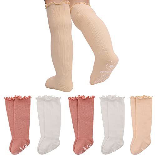 Aaronano Non-slip Knee High Socks Baby Girls Grips Socks Frilly Ruffle 5 Pairs (2 white + 2 pink + 1 nude,1-3T)