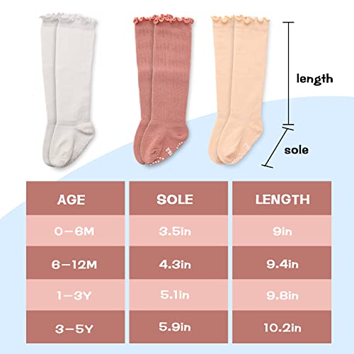 Aaronano Non-slip Knee High Socks Baby Girls Grips Socks Frilly Ruffle 5 Pairs (2 white + 2 pink + 1 nude,1-3T)