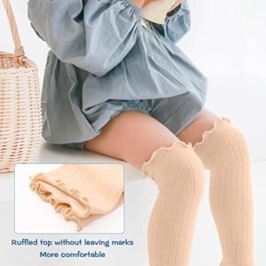 Aaronano Non-slip Knee High Socks Baby Girls Grips Socks Frilly Ruffle 5 Pairs (2 white + 2 pink + 1 nude,1-3T)