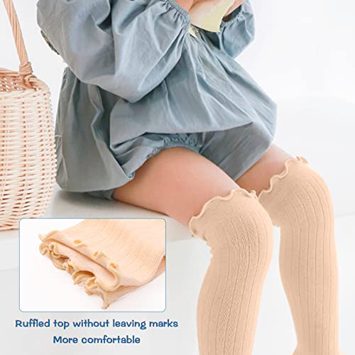 Aaronano Non-slip Knee High Socks Baby Girls Grips Socks Frilly Ruffle 5 Pairs (2 white + 2 pink + 1 nude,1-3T)