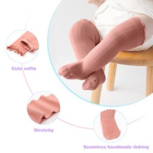 Aaronano Non-slip Knee High Socks Baby Girls Grips Socks Frilly Ruffle 5 Pairs (2 white + 2 pink + 1 nude,1-3T)