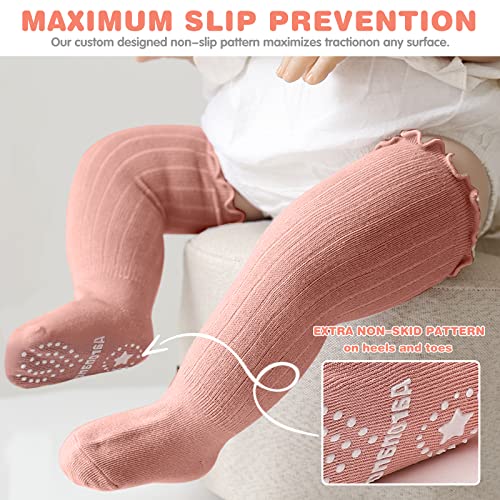 Aaronano Non-slip Knee High Socks Baby Girls Grips Socks Frilly Ruffle 5 Pairs (2 white + 2 pink + 1 nude,1-3T)