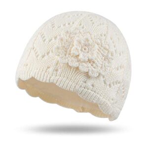 bamery winter little girls’ beanie hat cute toddler girl knitted hat cotton warm hats for under 6 years (rectangular flower white, s/0-6m)
