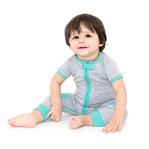 baby deedee Short Sleeve Cotton 1 Piece Footless Romper Pajama, 18-24 Months, Heather Gray/Teal