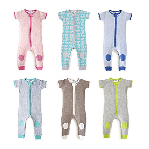 baby deedee Short Sleeve Cotton 1 Piece Footless Romper Pajama, 18-24 Months, Heather Gray/Teal