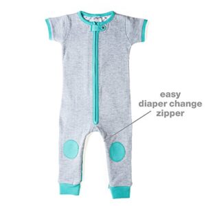 baby deedee Short Sleeve Cotton 1 Piece Footless Romper Pajama, 18-24 Months, Heather Gray/Teal