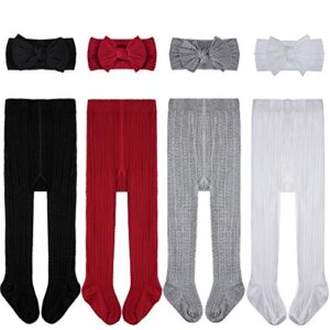 3 pairs baby girls tights cable knit leggings stockings and bow headbands (black, white, grey, red, 0-12 months)