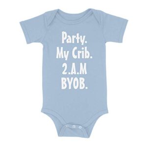 luxxology party 2am. my crib. byob baby infant bodysuit, light blue 6m