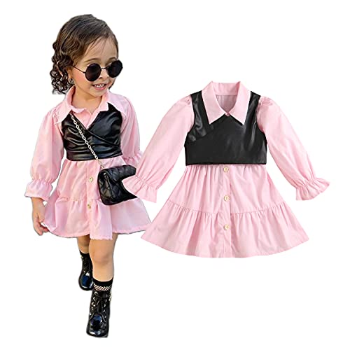 WALLARENEAR 2PCS Toddler Baby Girl Lapel Button Down Ruffle Shirt Dress + PU Waistcoat Crop Tops Spring Autumn Clothes Set (Pink Black, 3-4 Years)