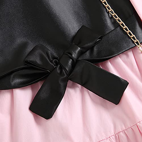 WALLARENEAR 2PCS Toddler Baby Girl Lapel Button Down Ruffle Shirt Dress + PU Waistcoat Crop Tops Spring Autumn Clothes Set (Pink Black, 3-4 Years)
