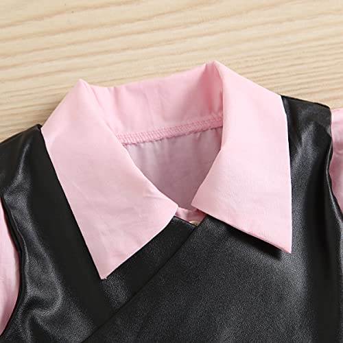 WALLARENEAR 2PCS Toddler Baby Girl Lapel Button Down Ruffle Shirt Dress + PU Waistcoat Crop Tops Spring Autumn Clothes Set (Pink Black, 3-4 Years)