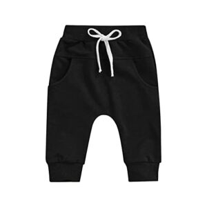newborn baby boys girls sweatpant trousers elastic waist adjustable drawstring plain loose fit cotton jogger pants (black , 0-6 months )