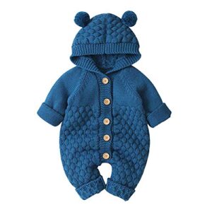 obeeii infant baby boy girl knitted hoodie bear ear hooded jumpsuit overalls bodysuit deep blue 0-6 months