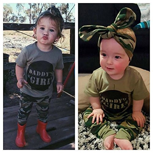 2 Styles Daddy’s Baby Boy Girl Camouflage Short Sleeve T-Shirt Tops+Green Long Pants Outfit Casual Outfit (18-24 Months, Baby Girl)