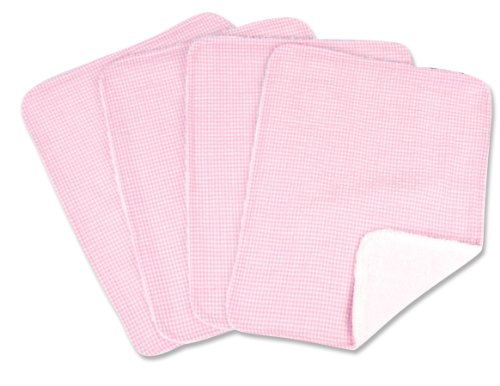 Pink Gingham 4 Pack Burp Cloth Set - 4 Deluxe Burp Cloths, Gingham Seersucker (4) Print, Pink and White, White Cotton Terry Cloth, 10 in x 13 in