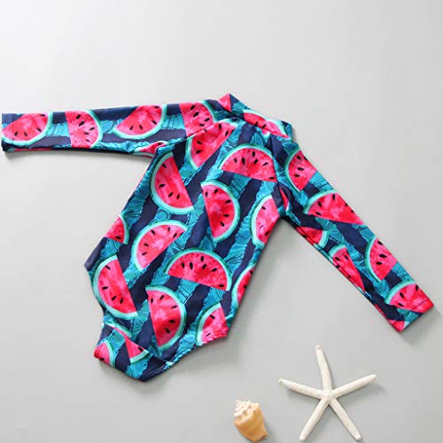 Toddler Kids Baby Girls Watermelon Print Long Sleeve One Piece Swimsuit Rashguard+Swim Cap Bathing Suit(Red,18-24 Months)