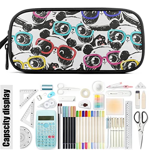 Fustylead Panda Wear Glasses Big Capacity Pencil Pen Case, Multi-Purpose Makeup Bag Organizer Storage Pouch for Office College School Hiking Travel