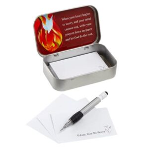 my confirmation keepsake prayer box with journaling note paper, pencil and collectible tin case, inspirational religious gifts for teenage boys and girls, 50 papers, 4 inches