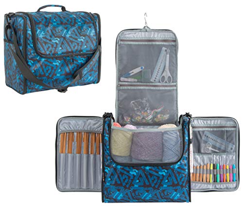 PACMAXI Yarn Storage Knitting Bag-High Capacity Portable Yarn Tote Storage Organizer with Shoulder Strap and Hook for Cotton Yarns, Crochet Hooks, Knitting Needles(Up to 10 Inch) (Blue（Large）)