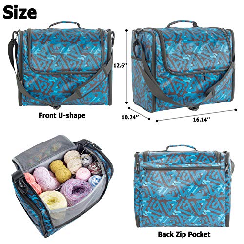 PACMAXI Yarn Storage Knitting Bag-High Capacity Portable Yarn Tote Storage Organizer with Shoulder Strap and Hook for Cotton Yarns, Crochet Hooks, Knitting Needles(Up to 10 Inch) (Blue（Large）)