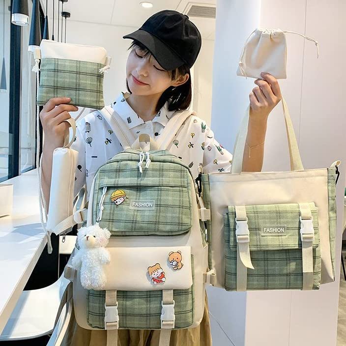 5Pcs Kawaii Canvas School Backpack Combo Set with Pear Pendant Cute Pins Tote Bag Pencil Pouch Plaid Checkered Aesthetic Laptop Schoolbag Daypack Kit Back To School (Green)