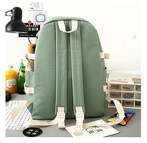 Cute Kawaii Canvas Backpack 4Pcs Set, Backpack, Pencil Pouch, Shoulder Bag, Lunch Bag, for Girls Boys, Give away bear pendant, cards, badges (Green)