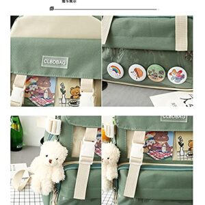 Cute Kawaii Canvas Backpack 4Pcs Set, Backpack, Pencil Pouch, Shoulder Bag, Lunch Bag, for Girls Boys, Give away bear pendant, cards, badges (Green)