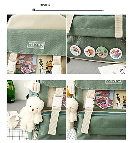 Cute Kawaii Canvas Backpack 4Pcs Set, Backpack, Pencil Pouch, Shoulder Bag, Lunch Bag, for Girls Boys, Give away bear pendant, cards, badges (Green)