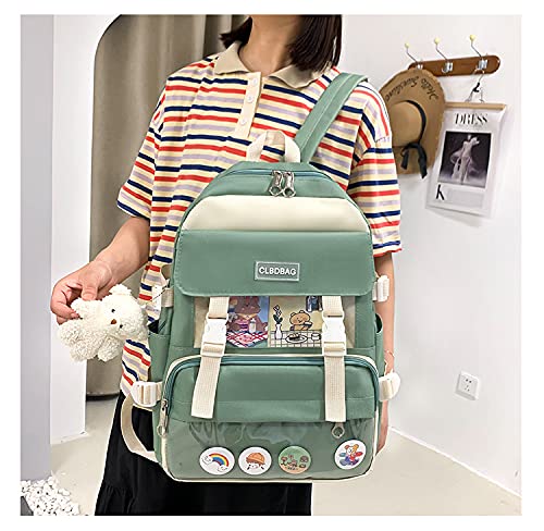 Cute Kawaii Canvas Backpack 4Pcs Set, Backpack, Pencil Pouch, Shoulder Bag, Lunch Bag, for Girls Boys, Give away bear pendant, cards, badges (Green)