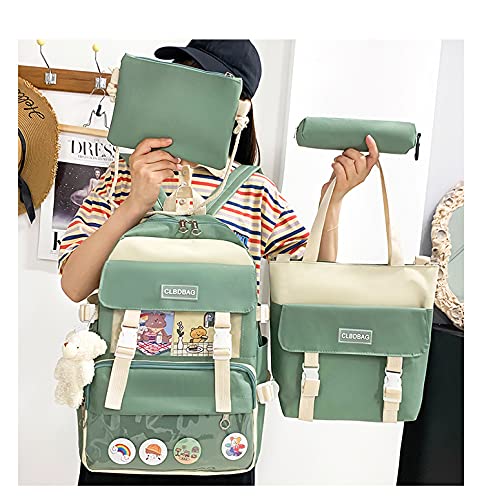 Cute Kawaii Canvas Backpack 4Pcs Set, Backpack, Pencil Pouch, Shoulder Bag, Lunch Bag, for Girls Boys, Give away bear pendant, cards, badges (Green)