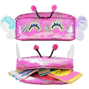 cute pencil case for kids & sequin cosmetic brush bag for women，reversible glitter handbag makeup organizer purse，travel storage pouch (rose red butterfly)