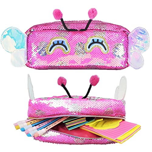 Cute Pencil Case for Kids & Sequin Cosmetic Brush Bag for Women，Reversible Glitter Handbag Makeup Organizer Purse，Travel Storage Pouch (Rose Red Butterfly)