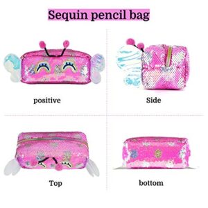 Cute Pencil Case for Kids & Sequin Cosmetic Brush Bag for Women，Reversible Glitter Handbag Makeup Organizer Purse，Travel Storage Pouch (Rose Red Butterfly)