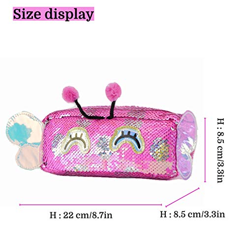 Cute Pencil Case for Kids & Sequin Cosmetic Brush Bag for Women，Reversible Glitter Handbag Makeup Organizer Purse，Travel Storage Pouch (Rose Red Butterfly)