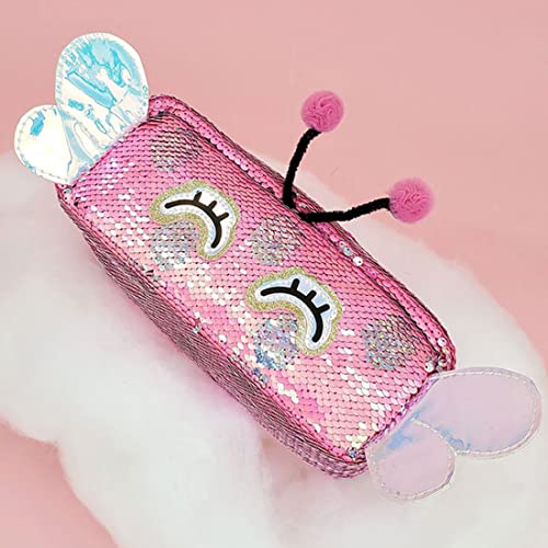 Cute Pencil Case for Kids & Sequin Cosmetic Brush Bag for Women，Reversible Glitter Handbag Makeup Organizer Purse，Travel Storage Pouch (Rose Red Butterfly)