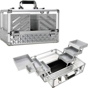 ver beauty 3.8mm armored acrylic makeup case jewelry portable travel art craft tattoo organizer with 6 extendable trays clear cover micro-fiber cloth brush holders keylocks, silver diamond