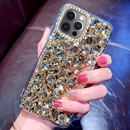 Case for iPhone 13 Pro Max Diamond Case,3D Handmade Bling Rhinestone Diamonds Luxury Sparkle Rhinestones Case Girls Women Full Crystals Bling Diamond Case Cover for iPhone 13 Pro Max,Gold