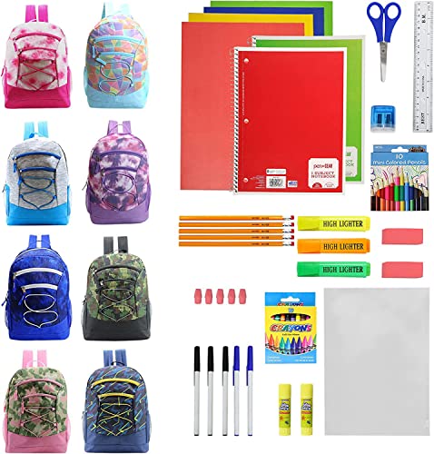 Moda West 17 Inch Bulk Backpacks with 52 Piece Wholesale School Supply Kits in 8 Assorted Styles - Case of 8 Pack Bundle