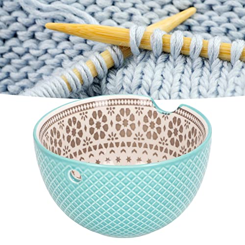 Ceramic Knitting Yarn Bowl Holder, Handmade Yarn Storage Bowl with Holes 6.1 X 3.7In DIY Crocheting Knitting Bowl Wool Holder for Crochet Knitting Gift for Moms and Grandmothers(Blue)