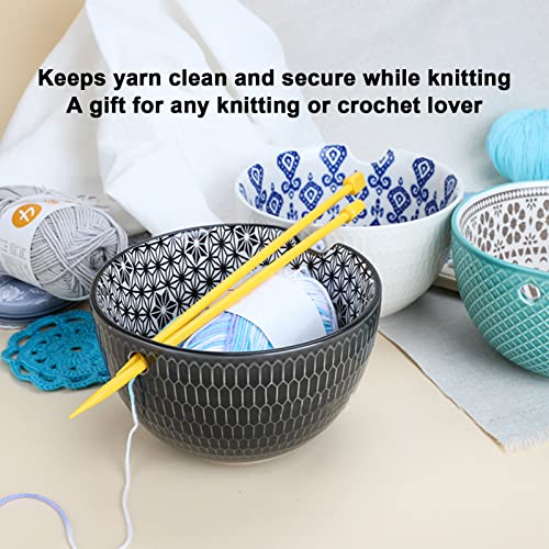 Ceramic Knitting Yarn Bowl Holder, Handmade Yarn Storage Bowl with Holes 6.1 X 3.7In DIY Crocheting Knitting Bowl Wool Holder for Crochet Knitting Gift for Moms and Grandmothers(Blue)