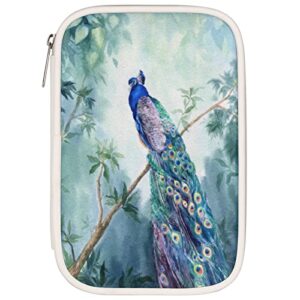 peacock pencil case holder, tropical peacock tree branch zipper pencil pouch multi-purpose cosmetic makeup brush bag stationery box passport organizer bag