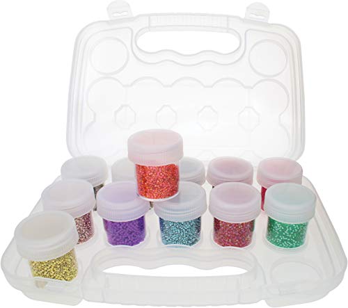 The Beadsmith Personality Case - Clear Storage Organizer Box, 8 x 8.5 x 1.75 inches - Includes 12 Small Containers with lids – 1.5 x 1.5 inches, Molded Case with Built-in Handle