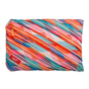 zipit colorz large pencil case for girls, large capacity pouch, holds up to 60 pens, made of one long zipper! (triangles)