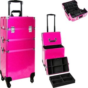 ver beauty 4 wheels removable rolling art craft tool case storage organizer travel adjustable dividers – vt003, magenta glitter