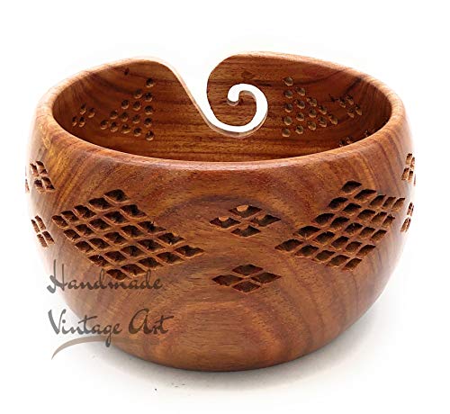 Handmade Sheesham Wood Crafted Wooden Yarn Storage Bowl with Carved Holes & Drills, Knitting Crochet Accessories, 7 x 7 x 4 inches