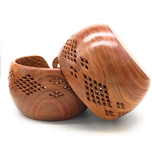 Handmade Sheesham Wood Crafted Wooden Yarn Storage Bowl with Carved Holes & Drills, Knitting Crochet Accessories, 7 x 7 x 4 inches