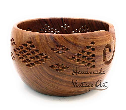 Handmade Sheesham Wood Crafted Wooden Yarn Storage Bowl with Carved Holes & Drills, Knitting Crochet Accessories, 7 x 7 x 4 inches