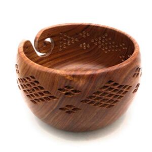 Handmade Sheesham Wood Crafted Wooden Yarn Storage Bowl with Carved Holes & Drills, Knitting Crochet Accessories, 7 x 7 x 4 inches