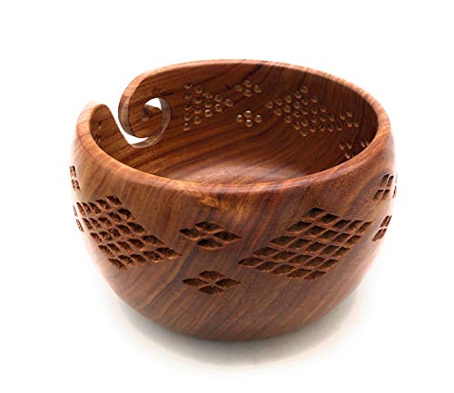 Handmade Sheesham Wood Crafted Wooden Yarn Storage Bowl with Carved Holes & Drills, Knitting Crochet Accessories, 7 x 7 x 4 inches